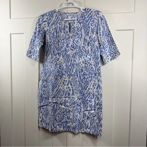 Elegant Blue and White Women's Linen Short Sleeve Dress‎